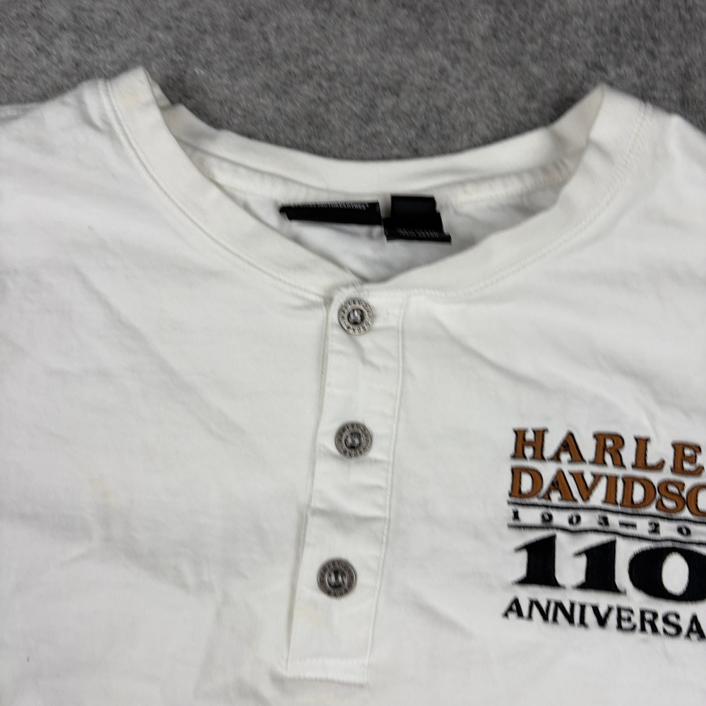 Harley Davidson Henley Shirt Mens 2XL White‎ 110th Anniversary Long Sleeve - Picture 5 of 11